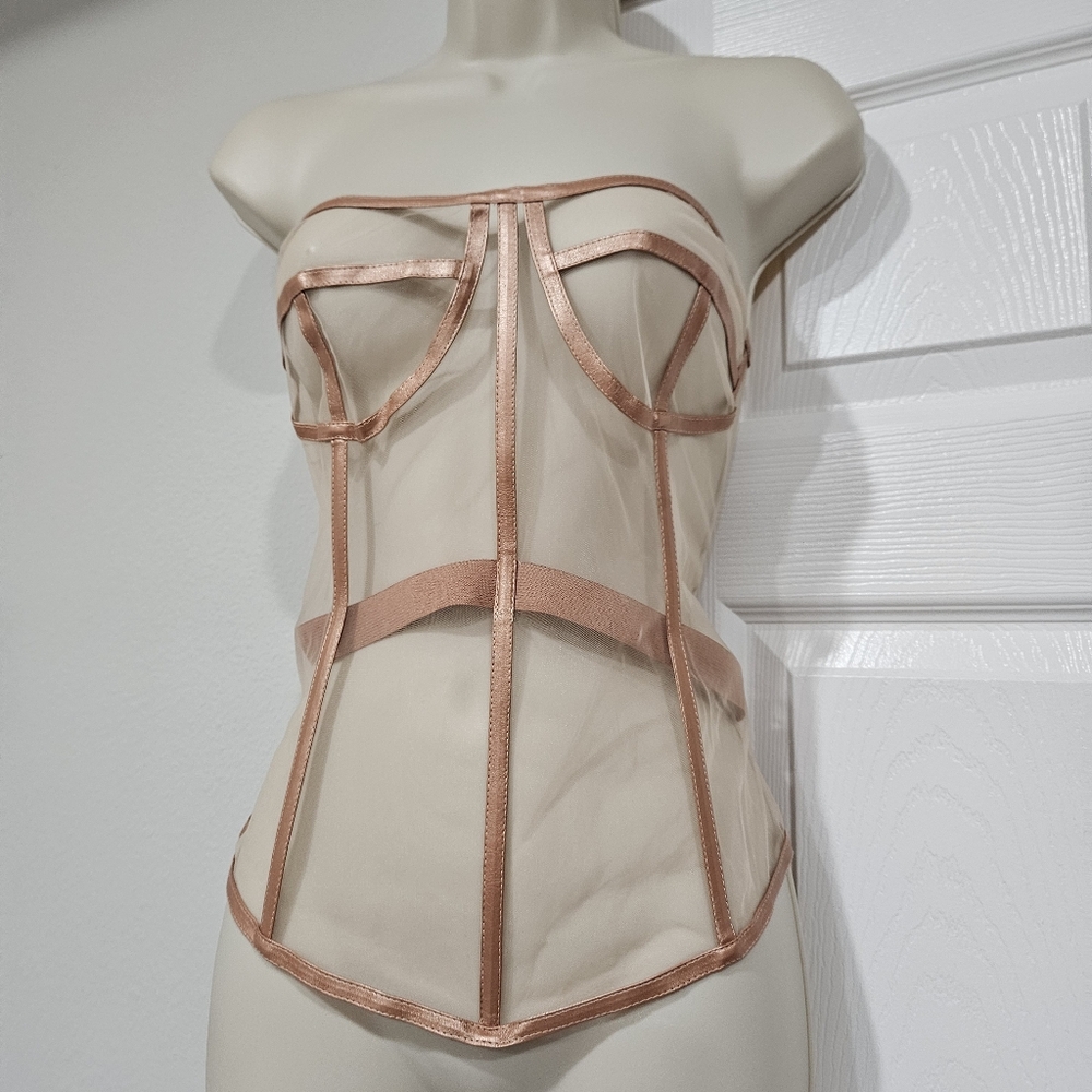 Sheer Nude Bandeau Corset with Rose Gold Trim